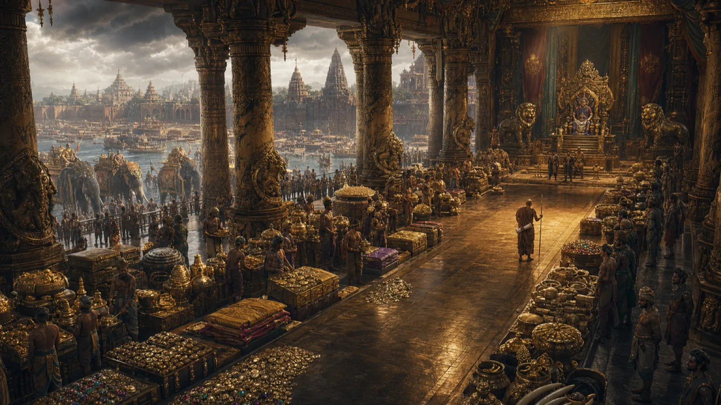 An austere strategist stands before an immense royal treasury court