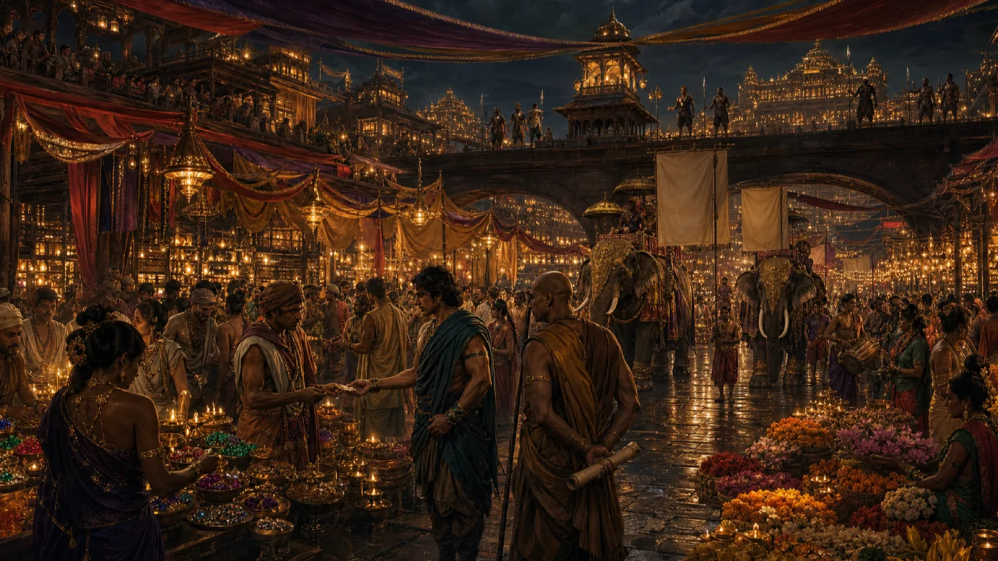 A lavish night bazaar where rebellion passes unnoticed beneath silk canopies