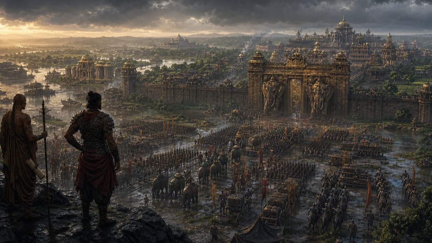 Two figures survey a disciplined force outside the golden capital